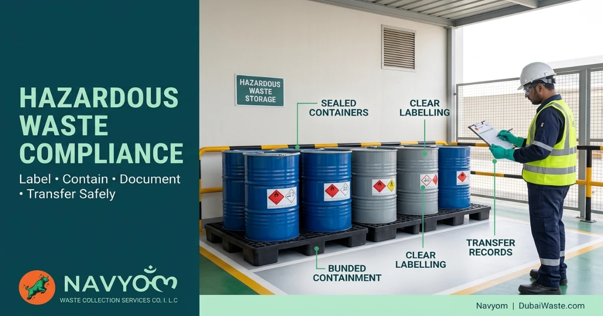 Compliant hazardous waste storage area inside JAFZA industrial facility Dubai
