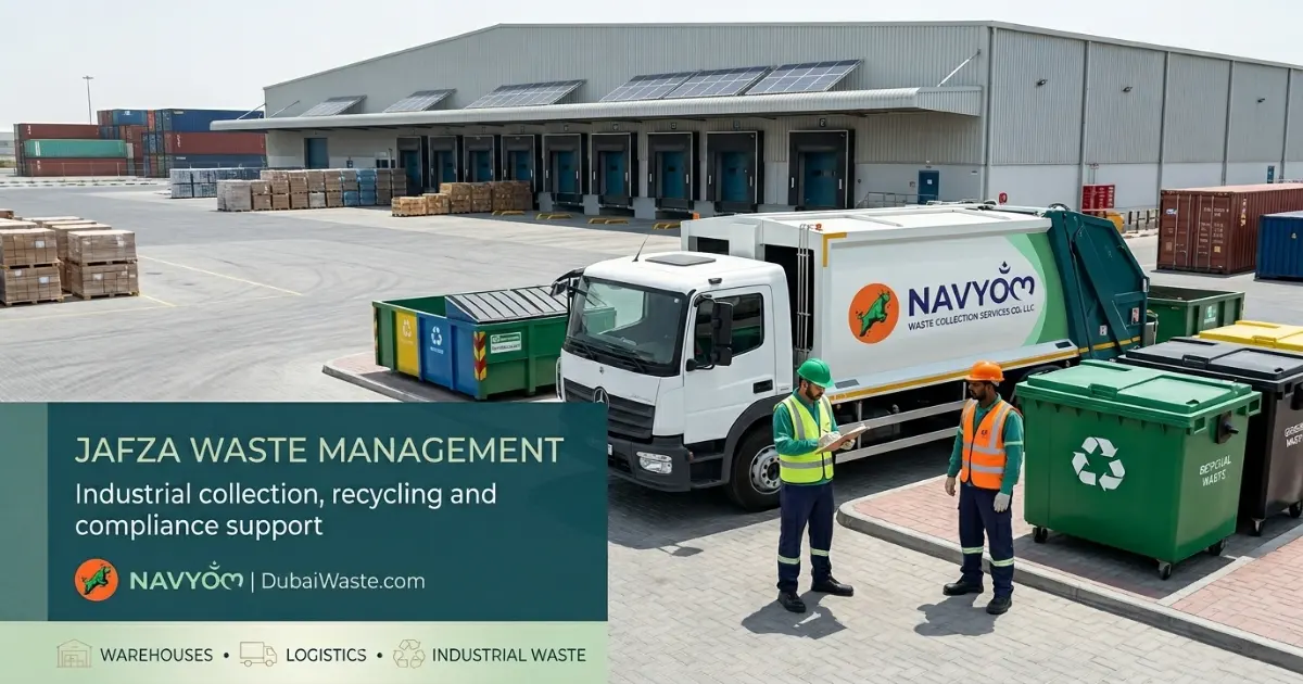 Waste segregation bins inside a JAFZA warehouse facility Dubai