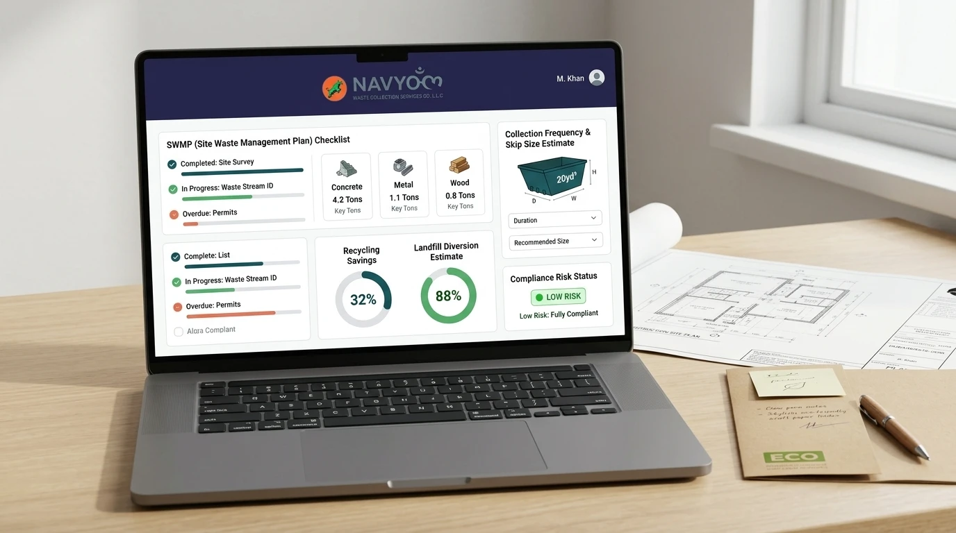 Screenshot style SWMP Dubai checklist and waste management cost estimator for construction site planning