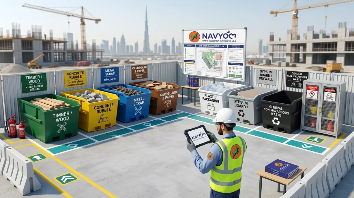 Waste segregation layout for Site Waste Management Plan Dubai with separate construction skips