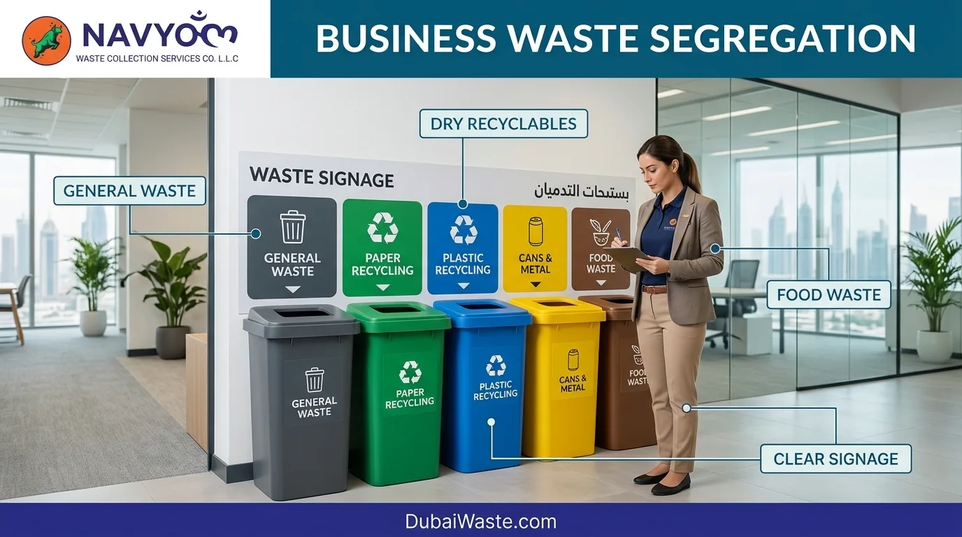 Waste Management Contract for Businesses Dubai — What to Look For 1 Waste Management Contract for Businesses Dubai with clearly labelled office recycling and general waste bins
