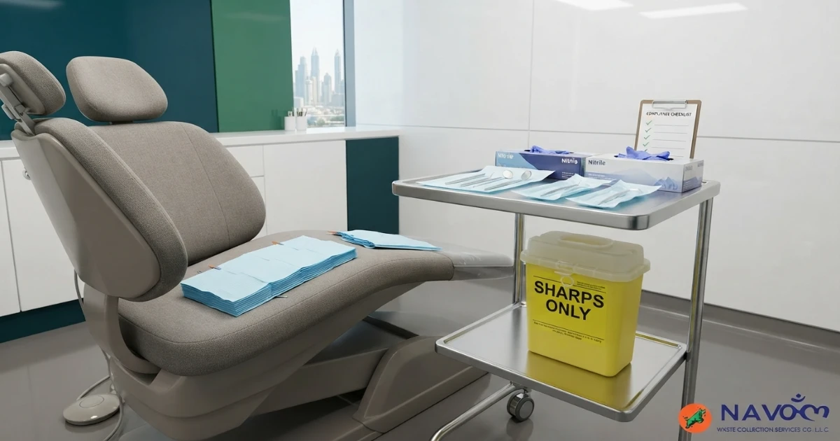 Dental Clinic Waste Management Dubai sharps disposal container in a dental treatment room
