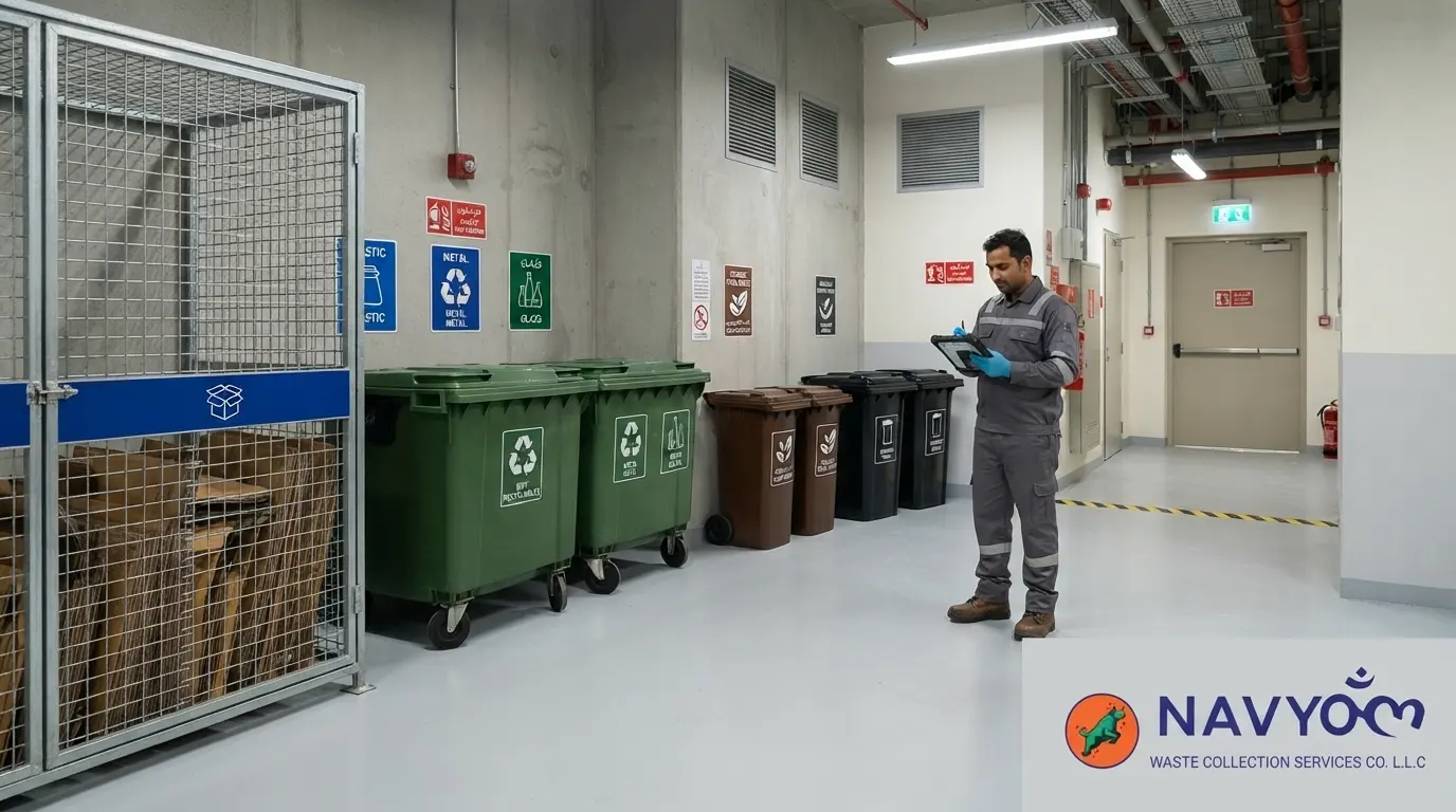 Retail & Shopping Mall Waste Management Dubai: Compliance & Collection Guide 1 Back-of-house waste segregation room in a Dubai shopping mall with labeled bins for cardboard, general, and organic waste