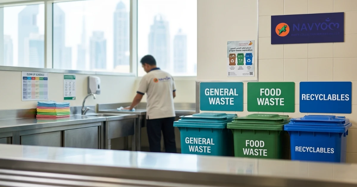 School & University Waste Management Dubai: A Practical KHDA-Era Compliance Guide 1 Canteen waste segregation bins at a Dubai school for school and university waste management Dubai compliance