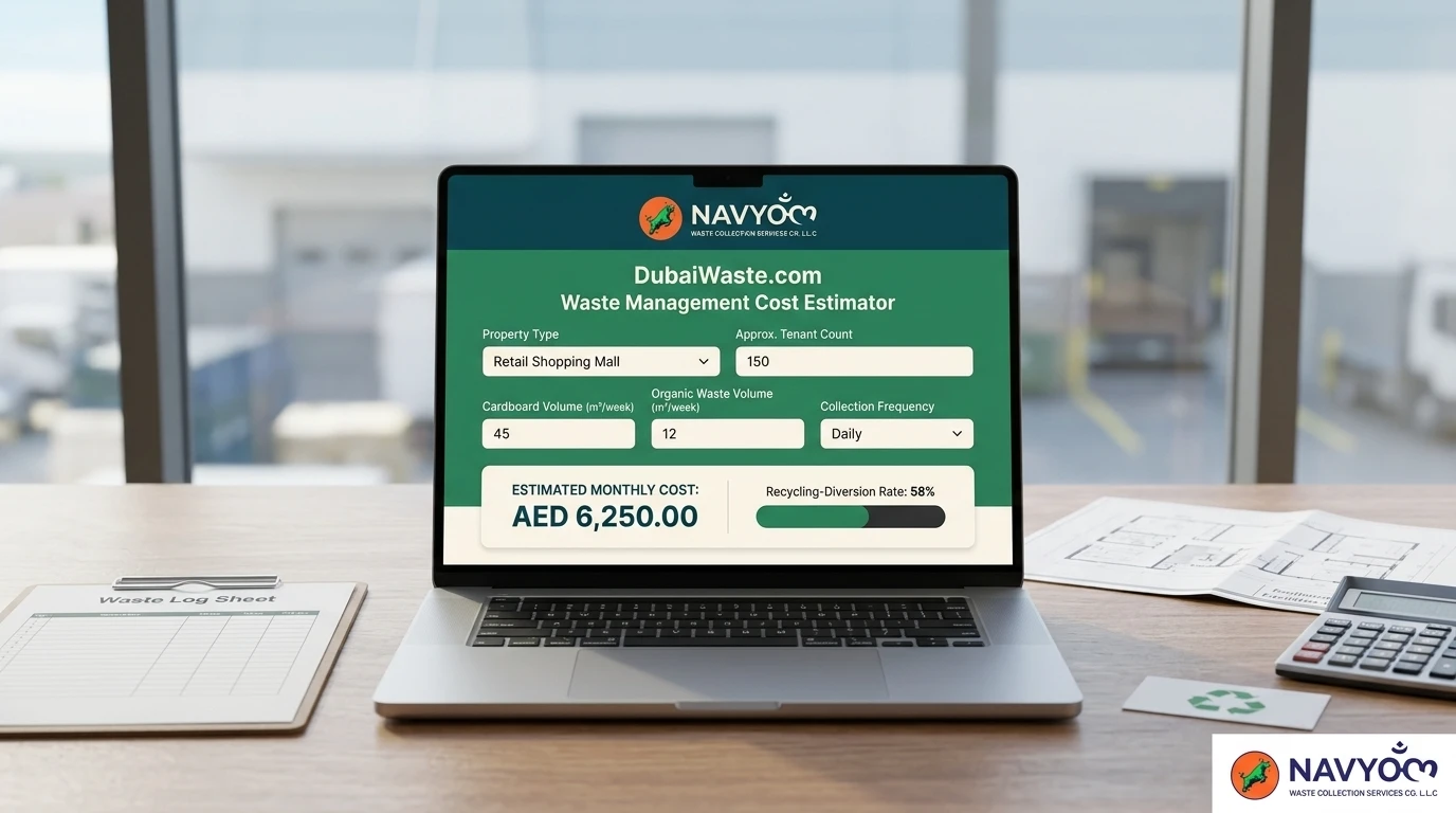 Retail & Shopping Mall Waste Management Dubai: Compliance & Collection Guide 3 Screenshot of the DubaiWaste.com waste management cost estimator configured for a retail mall waste stream