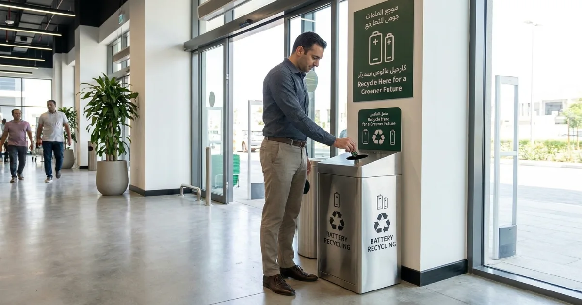 Battery Recycling Dubai: Where to Dispose Batteries (2026) 3 Battery recycling collection point inside a Dubai supermarket entrance