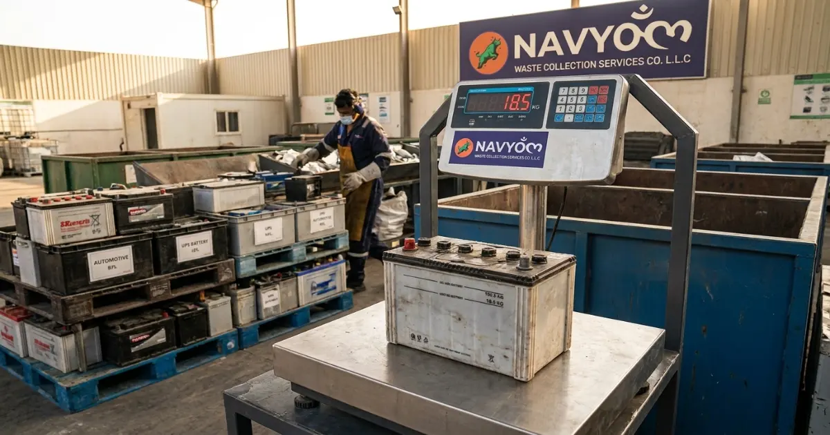 Battery Recycling Dubai: Where to Dispose Batteries (2026) 4 Lead-acid car battery being weighed for scrap recycling value in the UAE