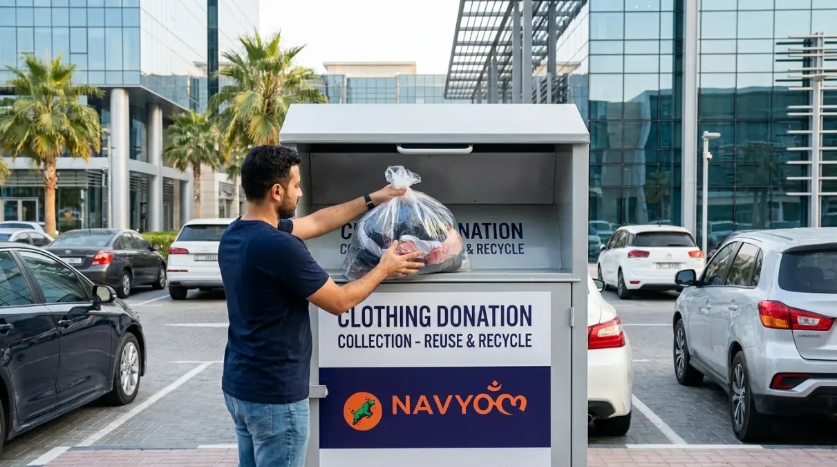 Where to Donate Clothes in Dubai (2026) | Navyom 3 Metal clothes donation collection bin in a Dubai supermarket car park