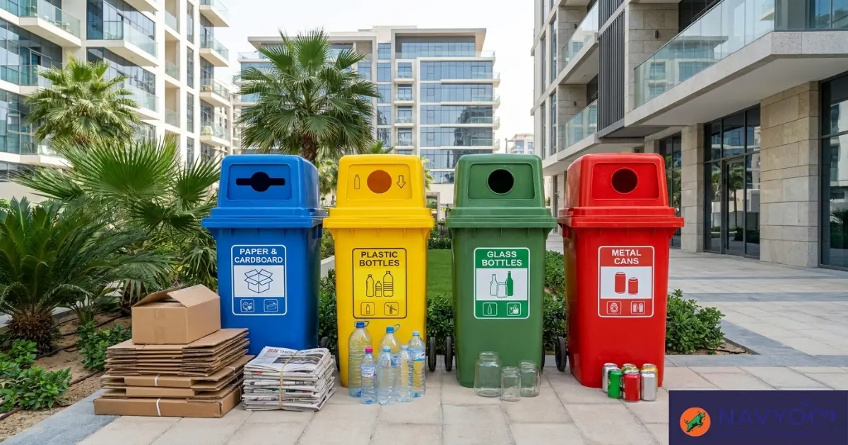 Recycling Centers in Dubai: Full 2026 Directory | DubaiWaste 3 Colour-coded community recycling bins for paper, plastic and glass in Dubai