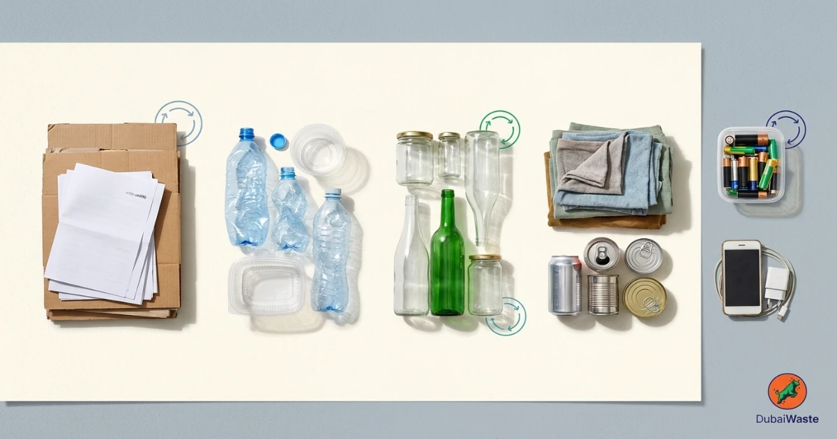Recycling Centers in Dubai: Full 2026 Directory | DubaiWaste 4 Dubai recycling material separation for paper plastic glass metal batteries textiles and e-waste
