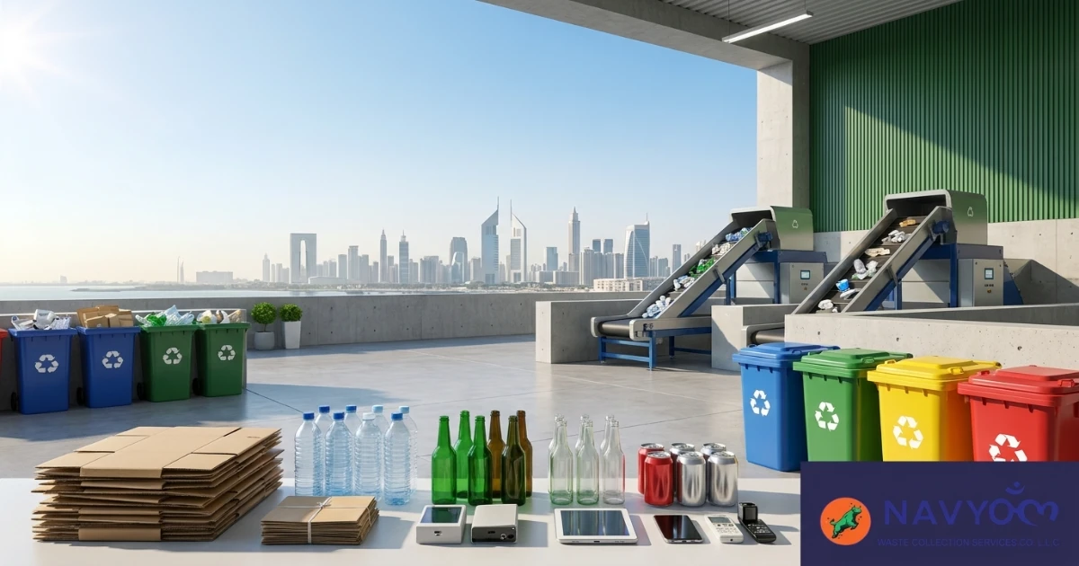Recycling Centers in Dubai: Full 2026 Directory | DubaiWaste 1 Sorted recycling materials including glass, plastic and paper at a Dubai recycling centre