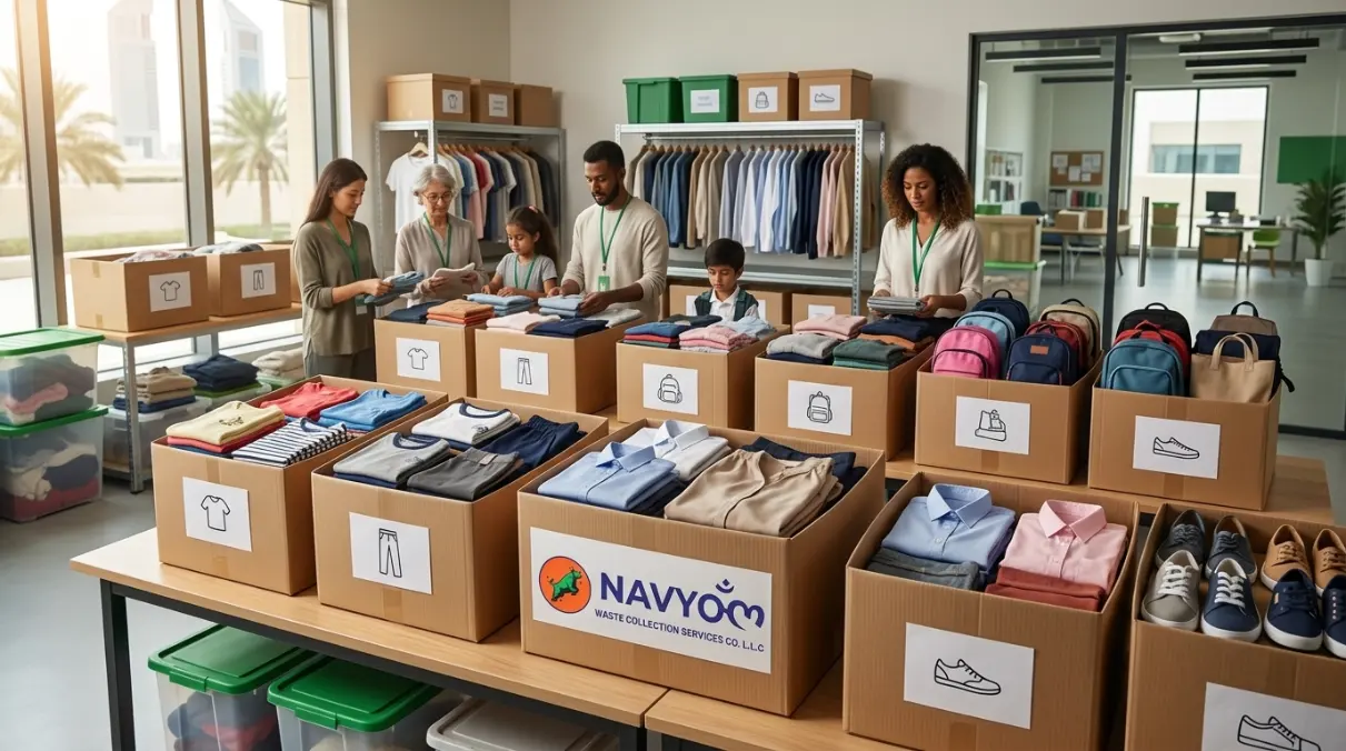 Where to Donate Clothes in Dubai (2026) | Navyom 5 Sorted clothing donations organised into labelled boxes before pickup in Dubai