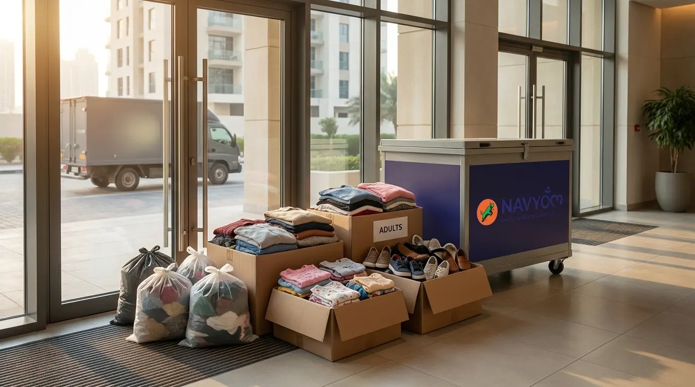 Where to Donate Clothes in Dubai (2026) | Navyom 4 Sorted clothing donations organised into labelled boxes before pickup in Dubai
