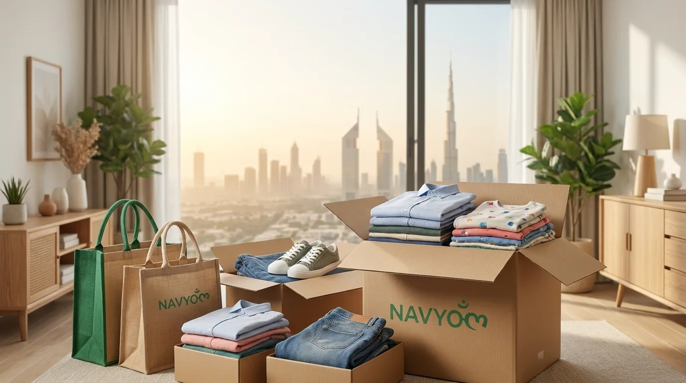 Where to Donate Clothes in Dubai (2026) | Navyom 1 Neatly folded donated clothes in cardboard boxes ready for pickup in Dubai