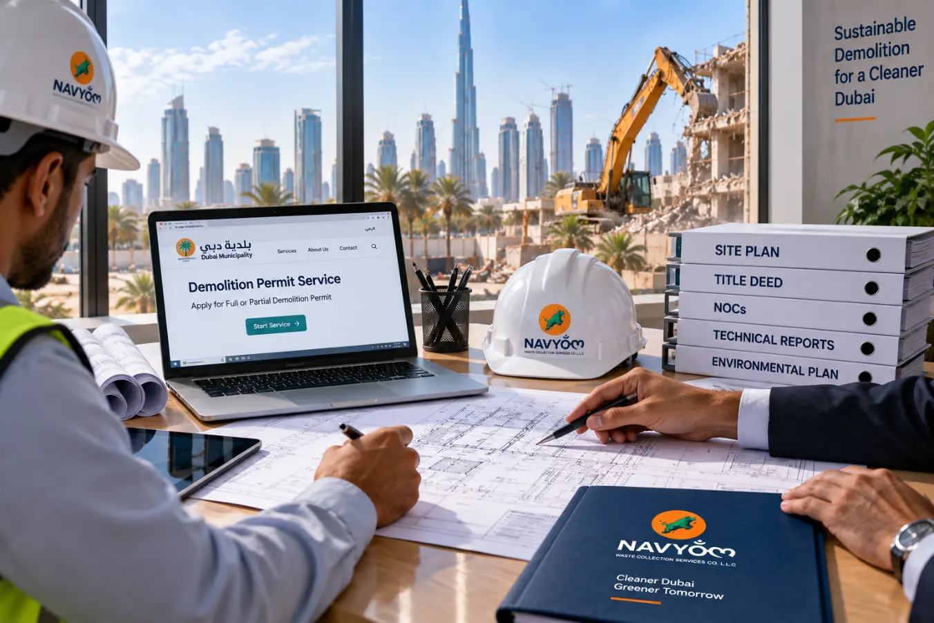 Demolition Permit Cost & Process in Dubai (2026 Guide) 3 Contractor reviewing Dubai demolition permit application, site plans, NOCs and technical documents