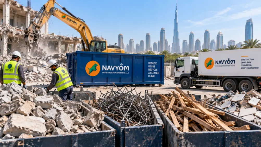 Demolition Permit Cost & Process in Dubai (2026 Guide) 4 Separated concrete, rebar and timber demolition waste in Dubai with Navyom container and collection truck