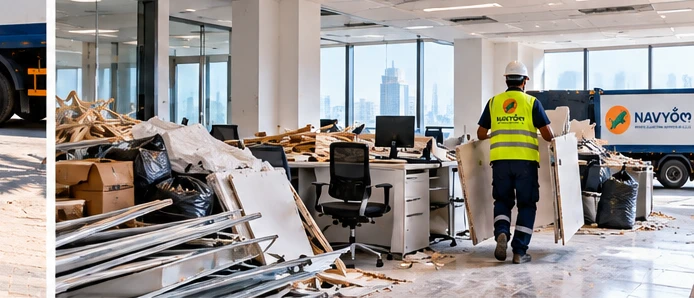 Office Fit-Out Waste Removal Dubai | Fast Site Collections 3 Office fit-out waste collection in Dubai during a commercial renovation with gypsum, timber and packaging ready for removal
