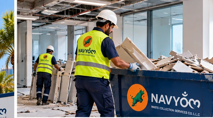 Office Fit-Out Waste Removal Dubai | Fast Site Collections 4 Sorted office fit-out waste in Dubai with separate timber, metal, gypsum and packaging streams ready for collection
