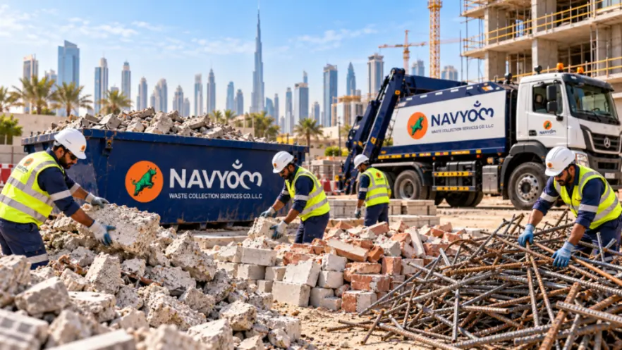 Concrete & Rubble Removal Dubai | Cost, Skips & Disposal 4 Concrete and rebar sorting at a Dubai construction site before waste transport
