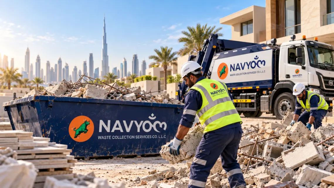Concrete & Rubble Removal Dubai | Cost, Skips & Disposal 1 Concrete and rubble removal in Dubai with Navyom workers loading heavy construction debris into a skip