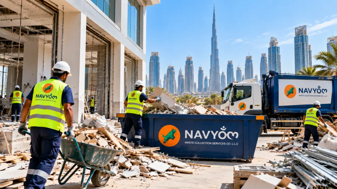 Construction Site Clearance Dubai | Debris Removal Before Handover 1 Construction site clearance in Dubai with Navyom workers removing rubble, timber and mixed building waste before handover