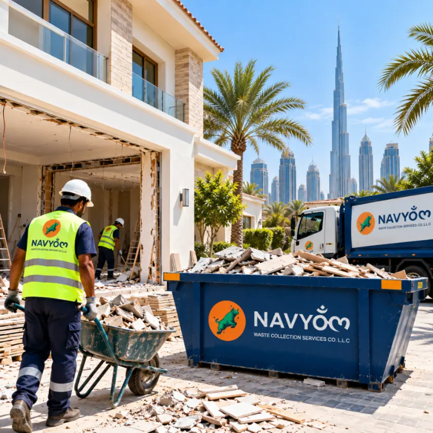 Construction Site Clearance Dubai | Debris Removal Before Handover 3 Final handover site clearance in Dubai with Navyom workers loading renovation and construction debris into a branded skip